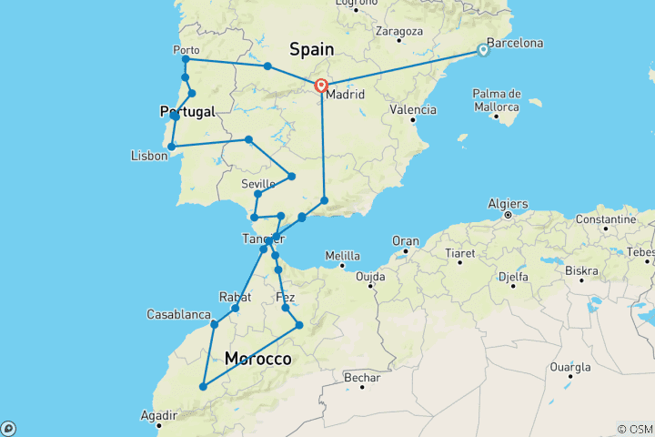 Kaart van Spanje, Portugal & Marokko – 23 dagen