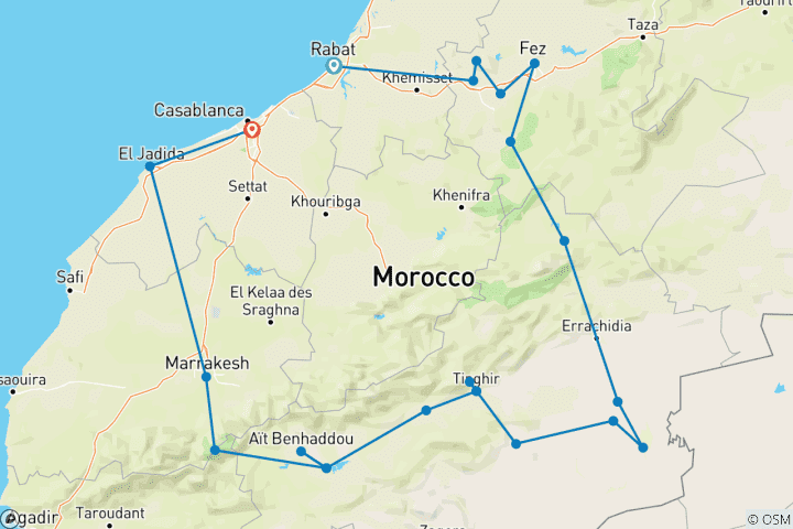 Karte von Luxuriöse Marokko Grand Reise: 14 Tage Sahara-Wüste, kaiserliche Städte & Atlasgebirge erleben