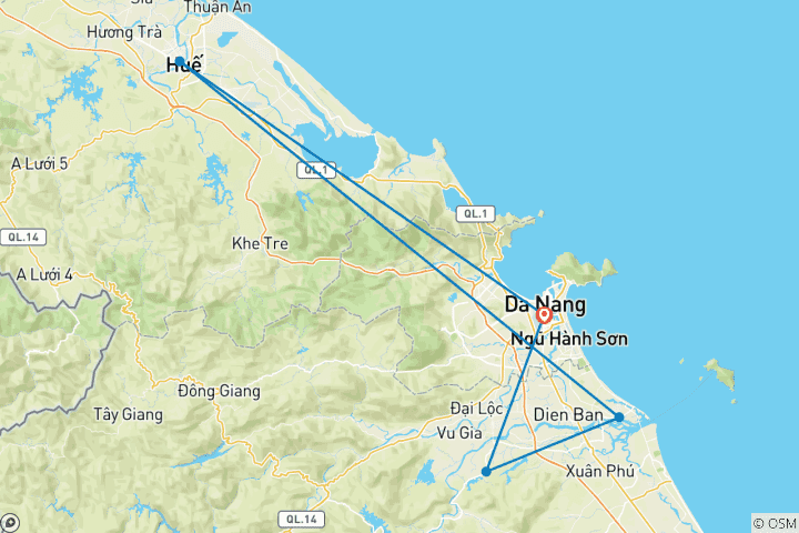 Map of Central Vietnam Discovery Tour: 6 Days from Da Nang to Hue & Hoi An