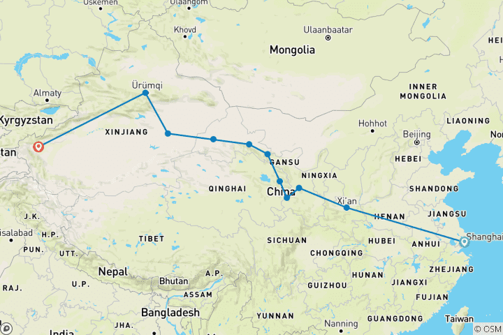 Kaart van De spectaculaire Zijderoute – van Shanghai naar Kashgar – 18 dagen
