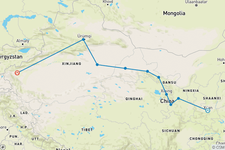 Karte von Xi'an nach Kashgar Seidenstraße Zugreise - 14 Tage