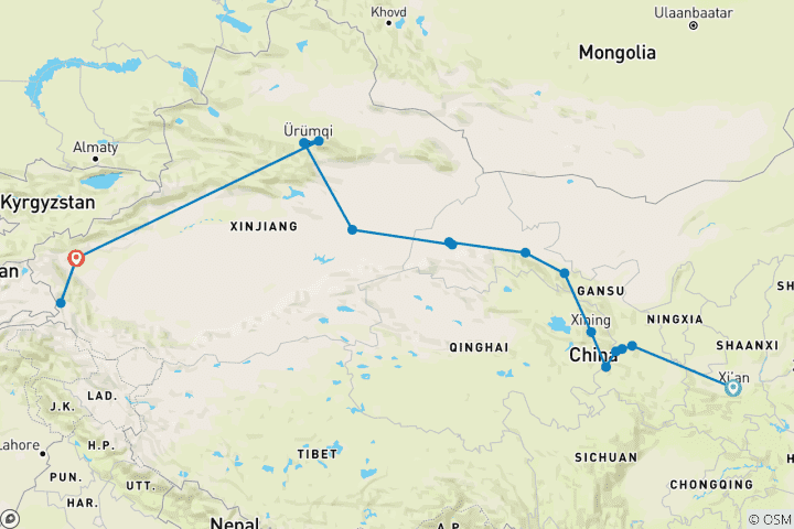 Kaart van De Zijderoute per trein – van Xi'an naar Kashgar – 16 dagen