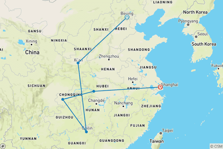 Mapa de 14 días por la bella China con crucero por el río Yangtsé y Guilin