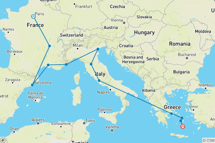 Carte du circuit De Londres à Santorin (avec un départ à Paris)