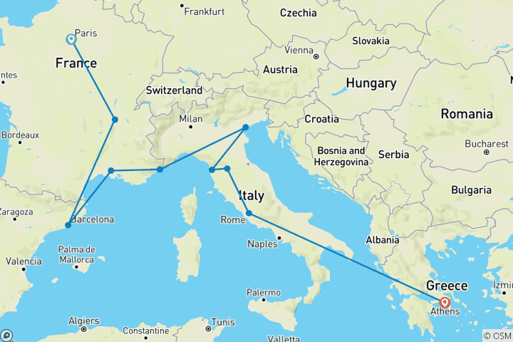 Carte du circuit De Londres à Athènes (avec un départ à Paris)