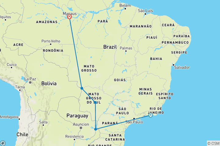 Mapa de Vacaciones privadas en familia en Brasil de 12 días, con salida diaria y guía privado