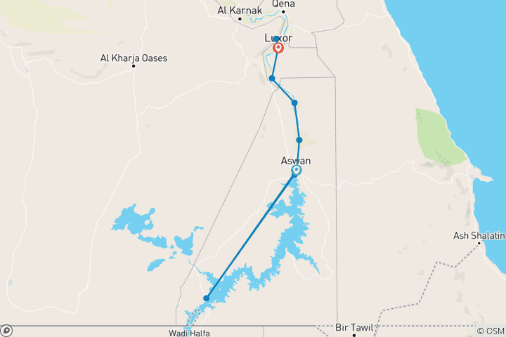 Karte von Kreuzfahrt von Assuan nach Luxor mit Abu Simbel, Nubisches Dorf und Heißluftballonfahrt 4 Tage
