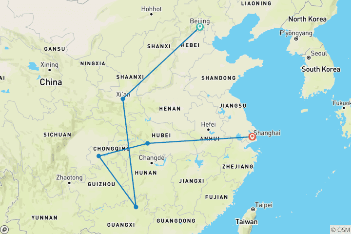 Mapa de La mejor China con Gran Muralla y crucero por el Yangtsé (privado a medida)