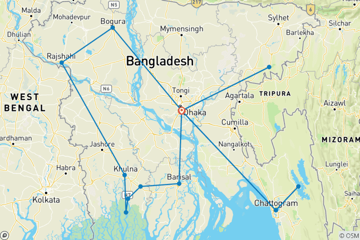 Kaart van 15 Dagen Aangepaste Bangladesh Diepgaande Culturele Tour, privégids & chauffeur