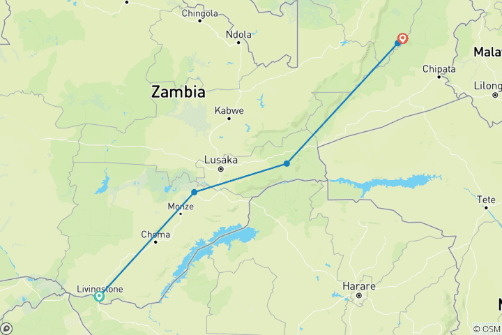 Mapa de Safari por los valles Zambeze y Luangwa