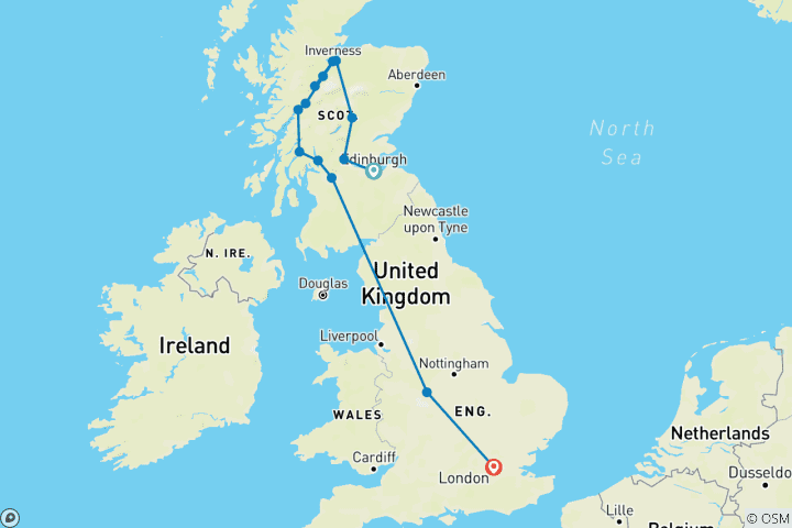 Kaart van Schotland – eindpunt Londen