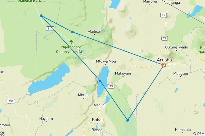 Map of 6 Days: Tarangire, Manyara, Serengeti & Ngorongoro Budget Camping Tour