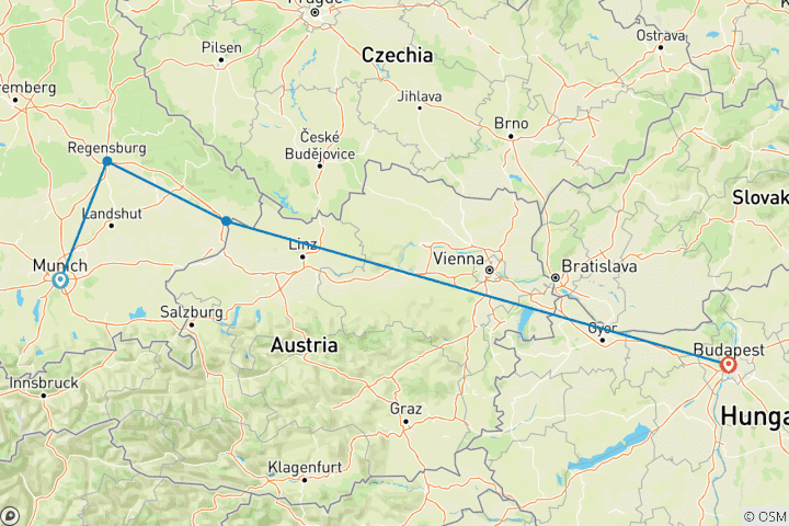 Map of Danube Christmas Markets 2026 - 8 Days (from Munich to Budapest)