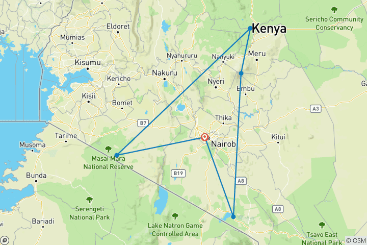 Karte von Amboseli, Samburu und Maasai Mara luxuriöse Flitterwochen Safari (mit Flügen) - 8 Tage