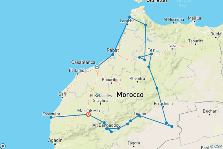 Karte von 15 Tage private Tour von Casablanca nach Chefchaouen und in die kaiserlichen Städte Essaouira via Sahara Desert Luxury Camp/ Best of Morocco