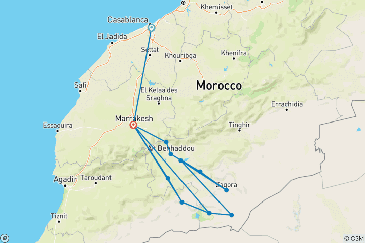 Carte du circuit 8 jours d'excursion au Maroc, de Casablanca à Marrakech via desert Adventure
