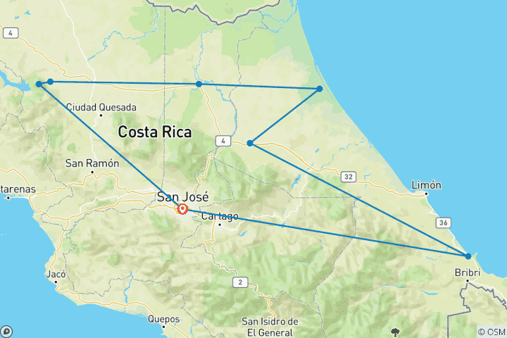 Karte von Costa Ricas Höhepunkte und Baden