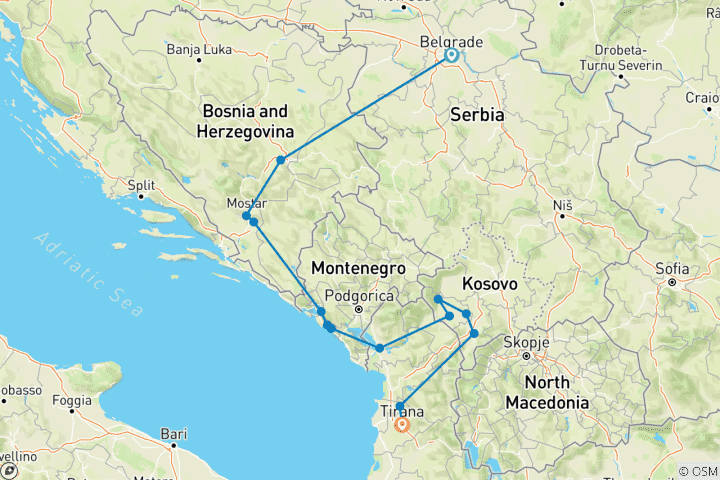 Carte du circuit Belgrade à Tirana ; Semi - Circuit privé avec guide et voiture dédiés