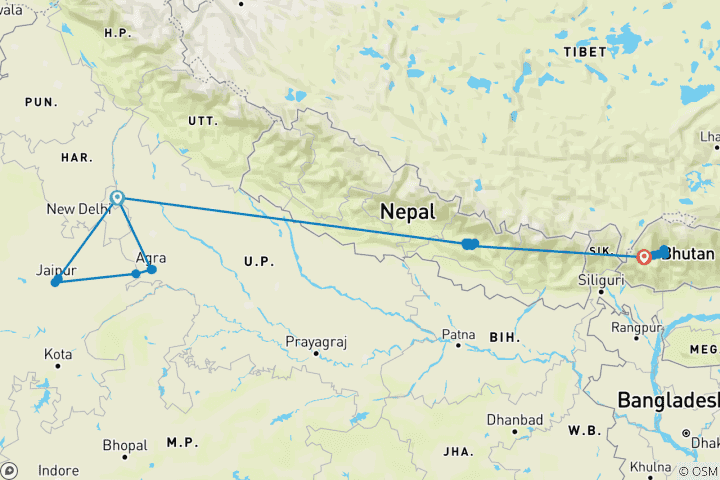 Map of India Nepal Bhutan Tour (3 Countries in 15 Days)