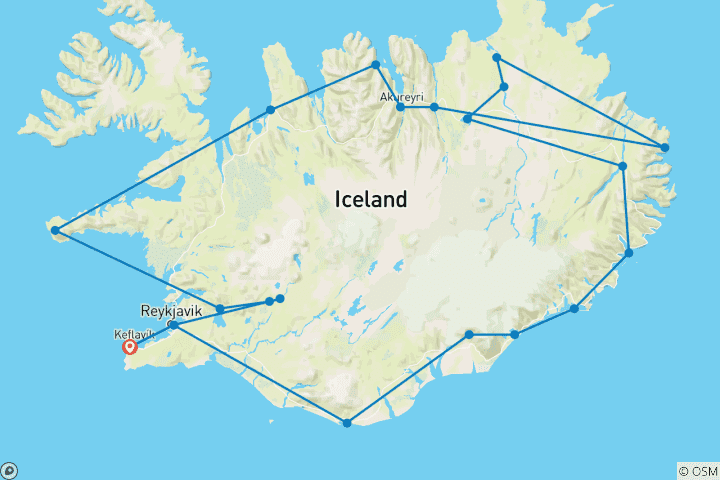 Carte du circuit Tour de l'île d'Islande avec éclipse solaire en 2026