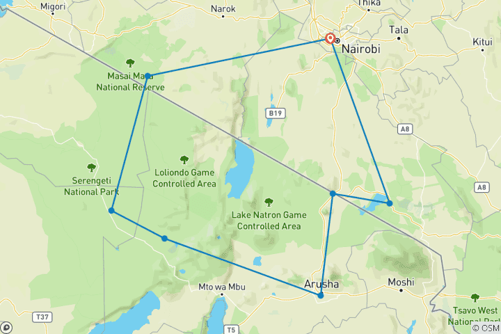 Karte von Entdecken Sie die Private Budget 10 Tage Safari Kenia & Tansania - Die beste kombinierte ostafrikanische Safari (2026 &2027)