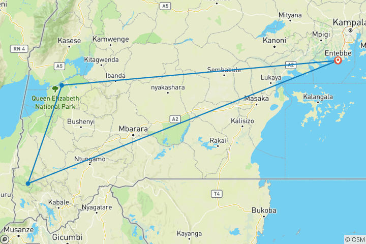 Mapa de Safari de 5 días por los gorilas y la fauna de Uganda