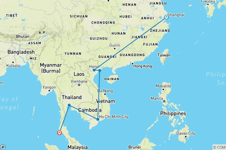 Map of Across Horizons: Shanghai, Vietnam & Thailand – 16 Days