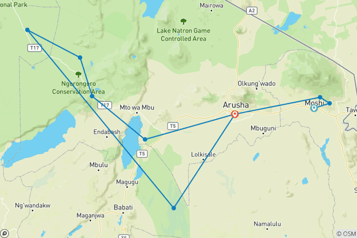 Karte von Entdecken Sie das neueste 10 Tage Tansania Kombi-Safari-Paket - Entdecken Sie Tansanias Wanderungen, Kultur und die beste Wildtier-Safari