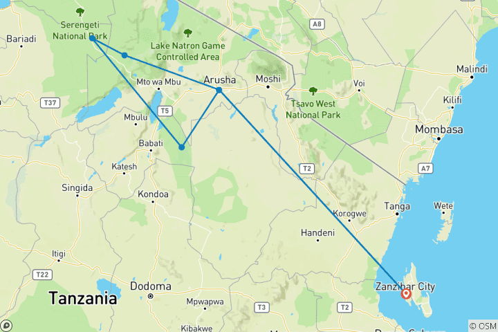Karte von Entdecken Sie unsere 5 Tage, preisgünstige Gruppensafari durch Tansania ab Sansibar