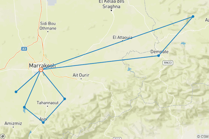 Carte du circuit Aventure de 4 jours à Marrakech : Cascades, quads, chameaux, visite de la ville et montagnes de l'Atlas.