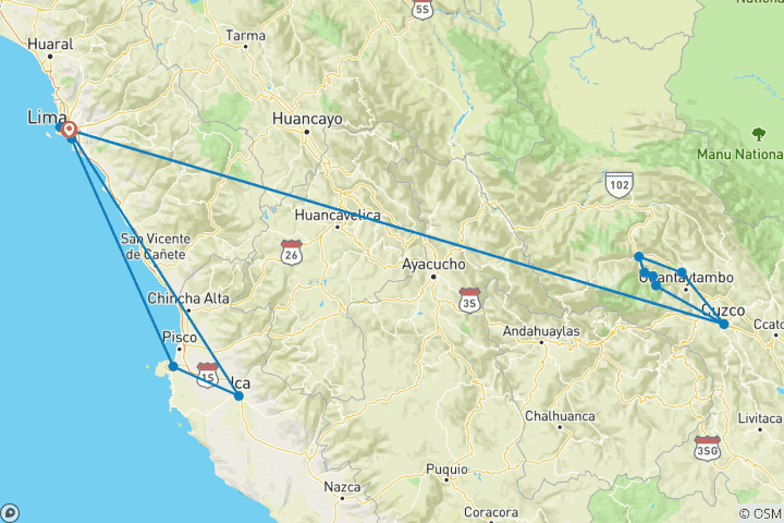 Kaart van Peru Explorer 8 Dagen - Lima, Andes & Inca Jungle Avontuur naar Machu Picchu (inclusief lokale vluchten)