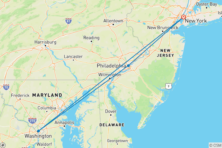 Map of Philadelphia, Amish Country and Washington DC - 2 Days