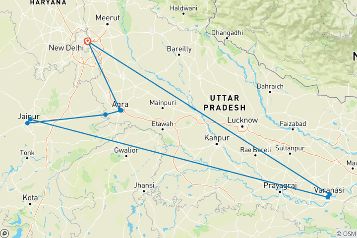 Kaart van 6 dagen Gouden Driehoek Rondreis door met Varanasi