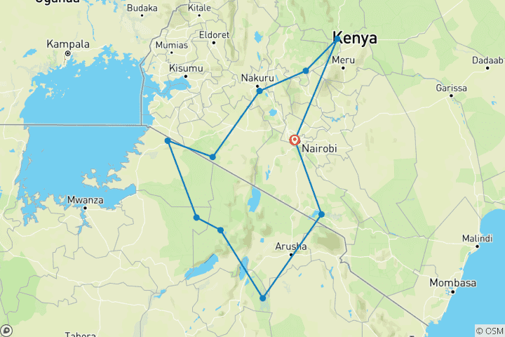 Carte du circuit Safari signature de 16 jours sur la migration des grands troupeaux du Kenya et de la Tanzanie