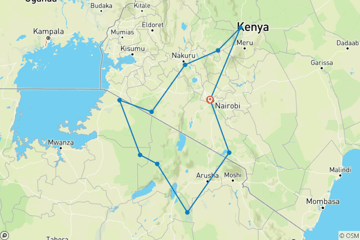 Carte du circuit Safari de 16 jours sur les grands troupeaux du Kenya et la migration en Tanzanie
