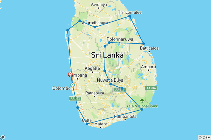 Karte von Sri Lanka-Odyssee: Strände an der Ostküste, das Hochland und die Südküste