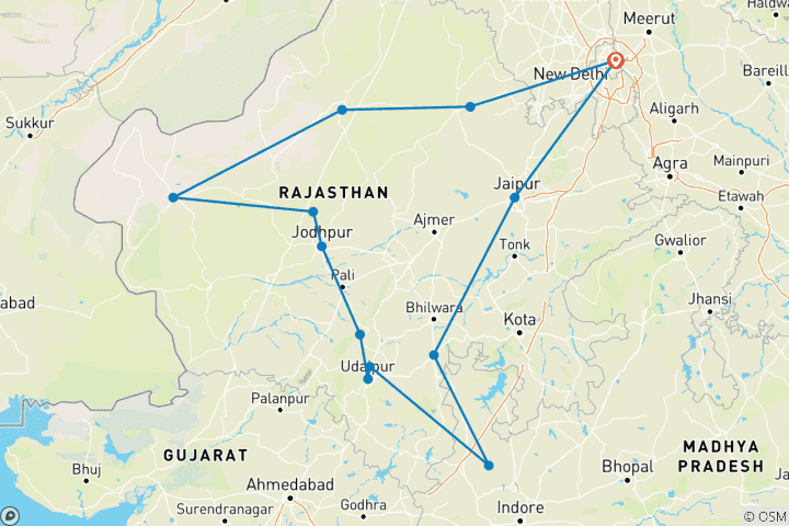 Kaart van Rajasthan Forten&Paleizen Rondreis door met de Gouden Woestijn