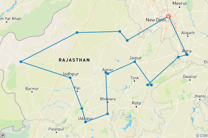 Kaart van Luxe Rajasthan Culturele Rondreis door met Ranthambore Tijger Trail