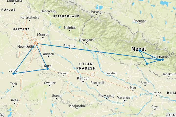 Map of Bestseller Golden Triangle of India and Nepal with trekking, flight included