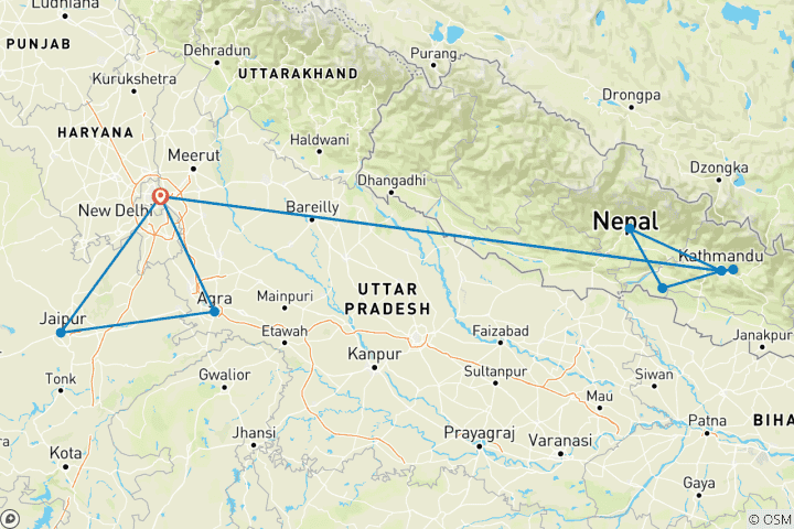 Map of Bestseller Golden Triangle of India and Nepal with trekking, flight included