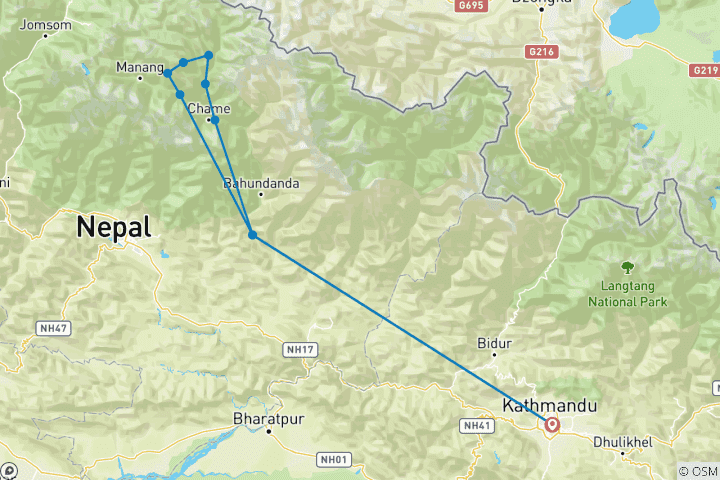 Kaart van Nar Phu Vallei Trek – 12 dagen