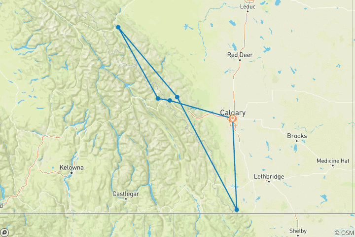 Map of 6-Day Rockies Tour: Banff, Yoho, Jasper & Waterton National Parks Adventure