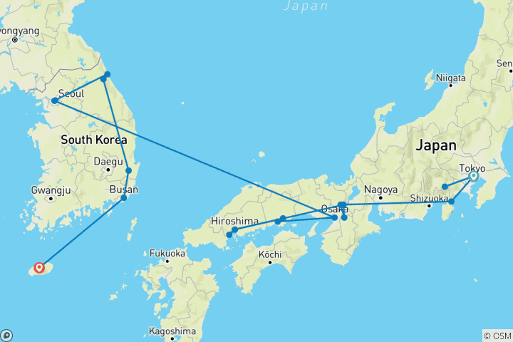 Mapa de Japón y Corea del Sur en 25 días: De Tokio a la Isla de Jeju