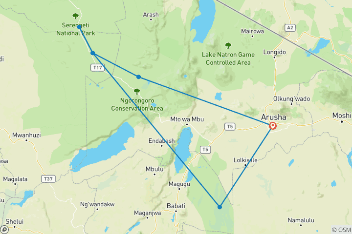 Mapa de Explora las últimas actualizaciones del mundo sobre nuestro mejor safari de camping de 5 días en Tanzania