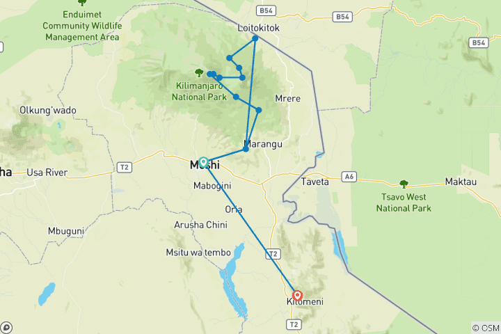 Map of Mount Kilimanjaro Climbing Via Rongai Route 9 Days Tanzania (all accommodation and transport are included)