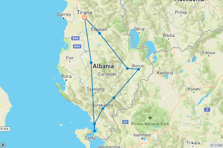 Map of 5 Days Private Tour Albanian Country Side UNESCO Lake and old Towns