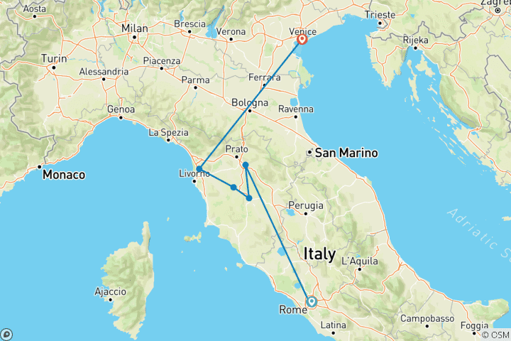 Map of 7 Day Rome, Florence, Tuscany & Venice Tour Package