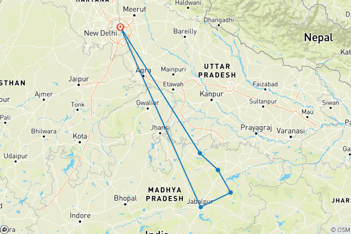 Kaart van India – tijger-safari rondreis – met Khajuraho