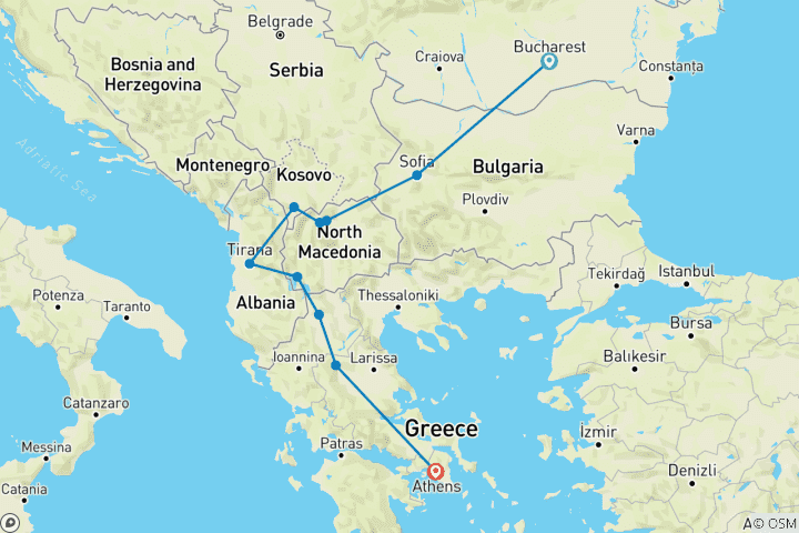 Carte du circuit Héritage des Balkans Du château de Dracula à l'Athènes antique - Circuit en petit groupe