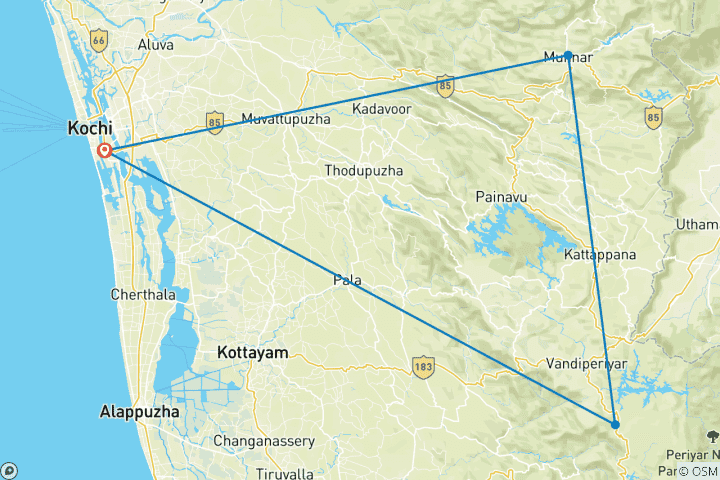Map of Kerala Tour With Periyar Wildlife Sanctuary